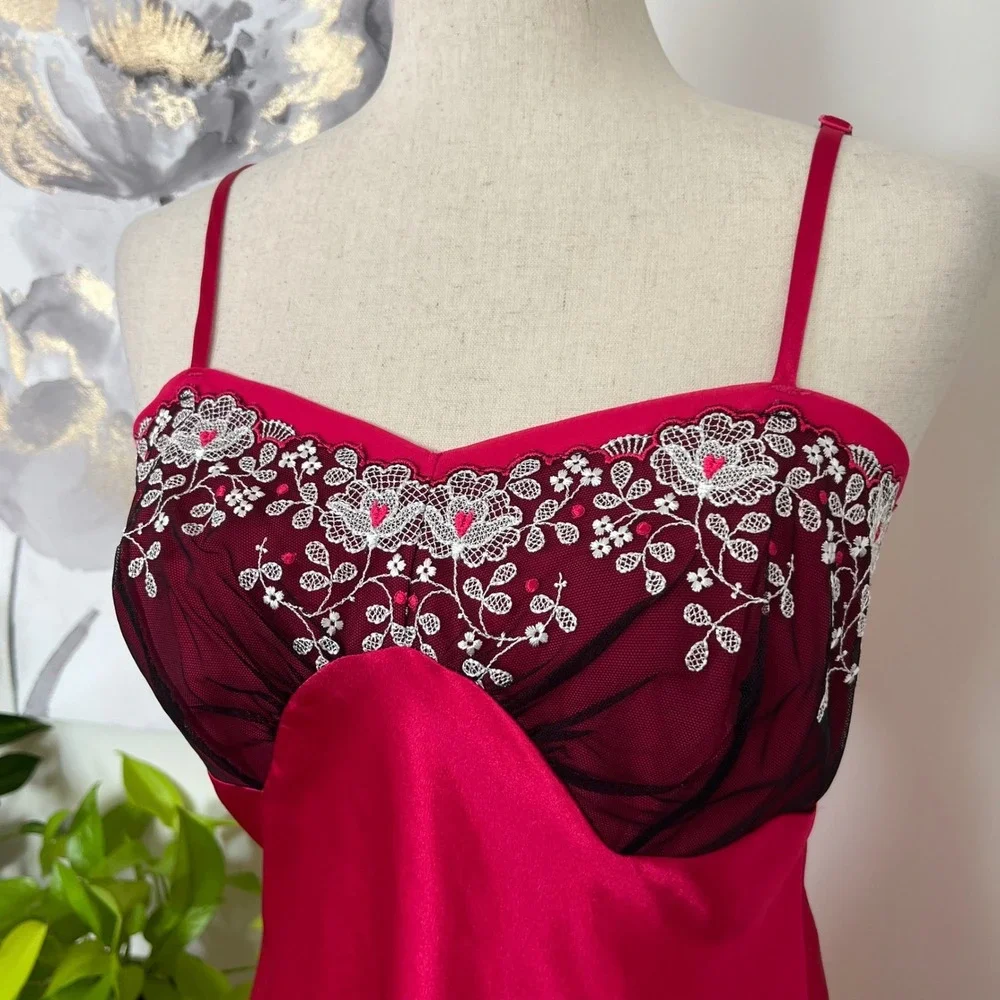 Pink Satin Embroidered Lace Mini Slip Dress Coquette‎ Romantic Lingerie Boudoir
